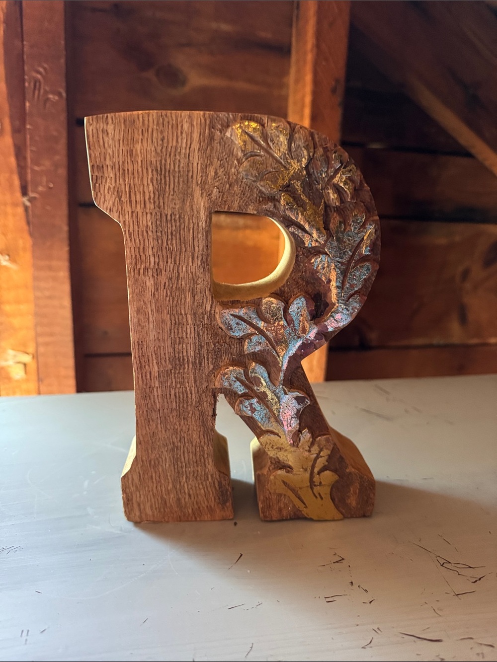 Decorative Wooden Letter R 8 inches tall 2.5 inch thickneswith Gold Leaf Accents